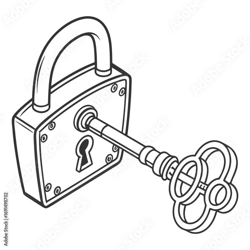 Antique Padlock with Keyhole and Skeleton Key.