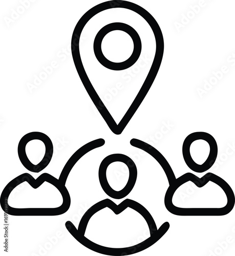 Connected people under geolocation mark illustration for social network line art icon