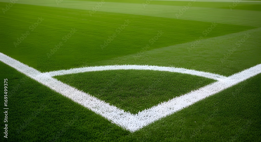 Obraz premium Soccer field corner with white line marking on green grass
