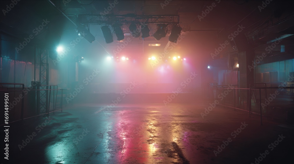 Naklejka premium Vibrant empty dance floor with colorful lights and fog before an event