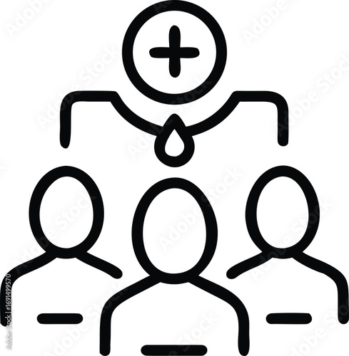 Crowd funding group symbol line icon with plus and a drop