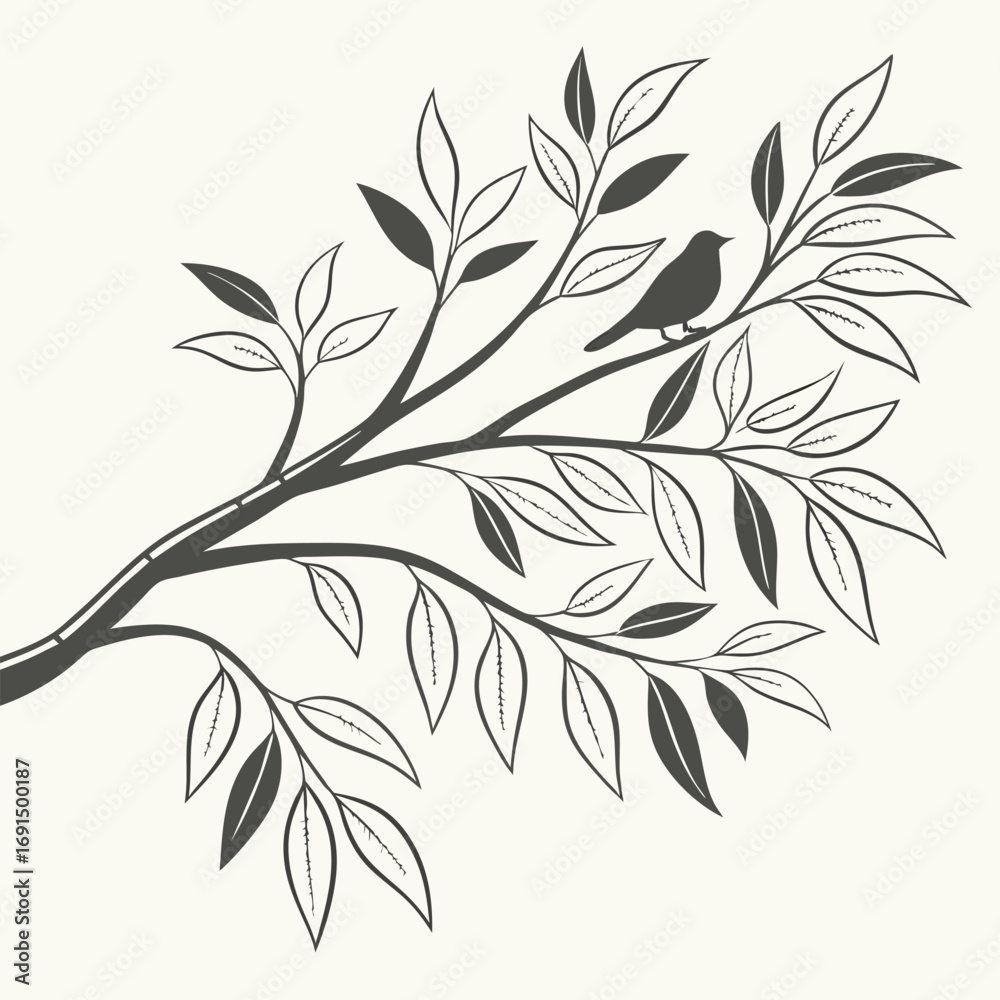 Fototapeta premium Stylized Bird on Branch with Leaves Minimalist Illustration.