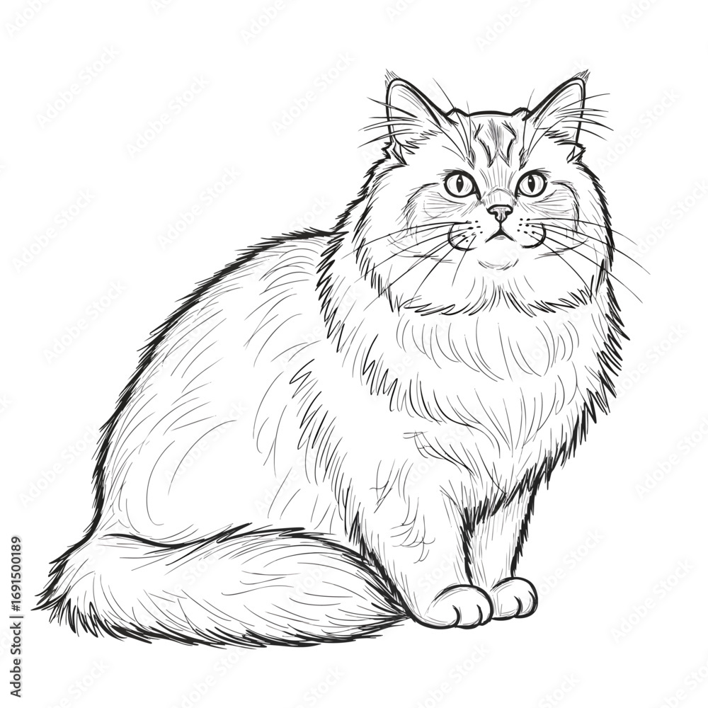Fototapeta premium A beautiful black and white pencil sketch of a fluffy longhaired cat sitting gracefully.