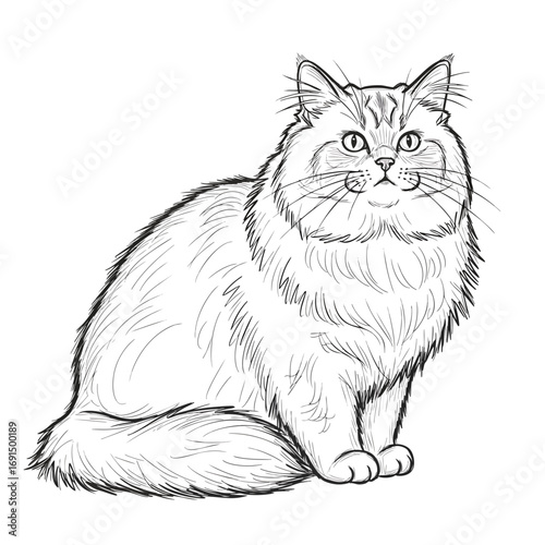 A beautiful black and white pencil sketch of a fluffy longhaired cat sitting gracefully.