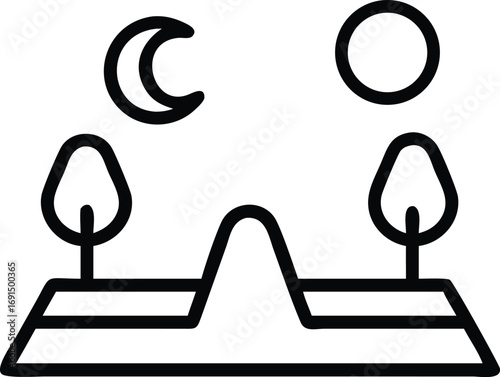 Day and night countryside with trees in line art style