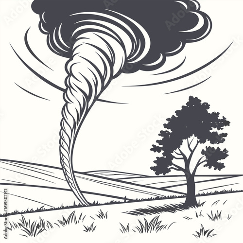 Monochrome illustration of a powerful tornado vortex.