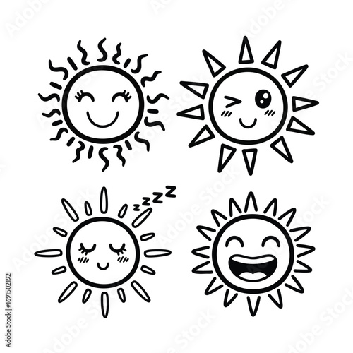 A collection of four handdrawn cartoon suns with cute smiling and sleeping expressions.