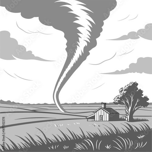 Powerful tornado descends upon rural landscape threatening small house and tree.