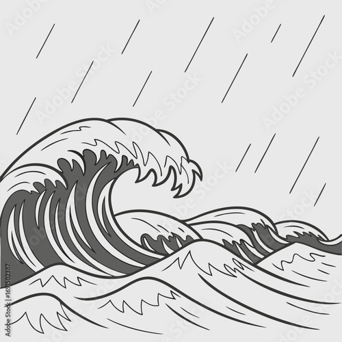 Stylized Illustration of Crashing Ocean Waves During a Storm.
