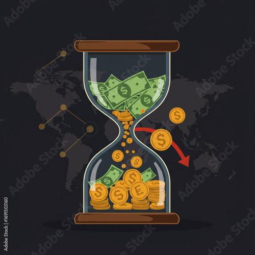 A symbolic inflation logo featuring an hourglass filled with coins and banknotes slowly disappearing over time