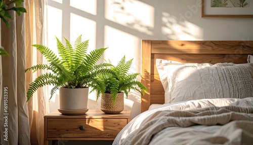 cozy bedroom with green fern plants sunlight and wooden furniture