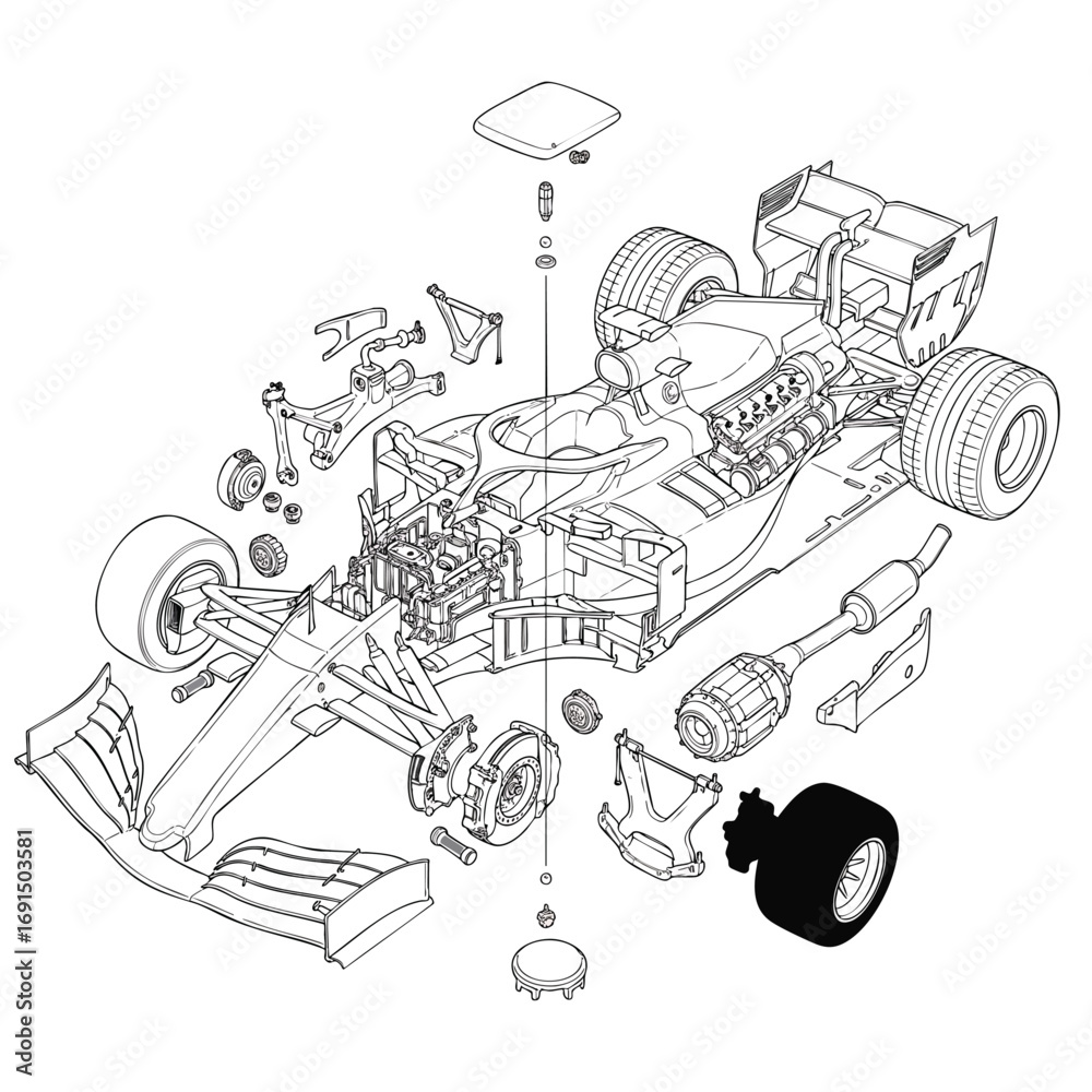Obraz premium A detailed technical illustration showing the exploded view of a Formula 1 race car with all its disassembled parts.