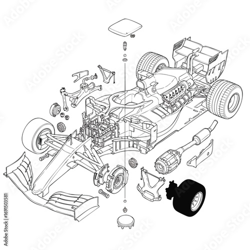 A detailed technical illustration showing the exploded view of a Formula 1 race car with all its disassembled parts.