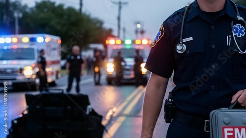 Emergency medical technician responding to a crisis. Paramedic at an accident scene with ambulances.
