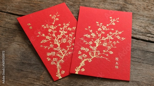 Red envelopes with gold cherry blossom design
