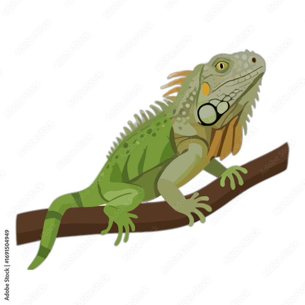 Naklejka premium A vibrant green iguana perched on a branch, showcasing intricate details and vivid color. The reptile's scales and distinctive features come alive in this digital depiction.