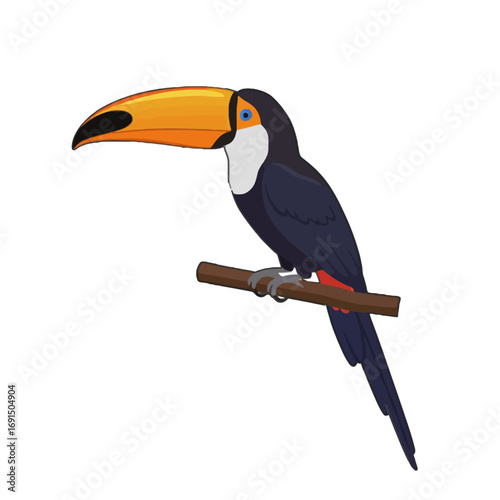 A vibrant toucan bird perched on a branch, showcasing its colorful features