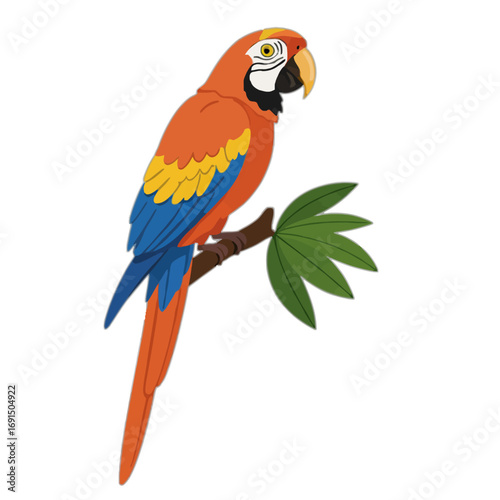 A vibrantly colored parrot perched on a branch with lush green leaves