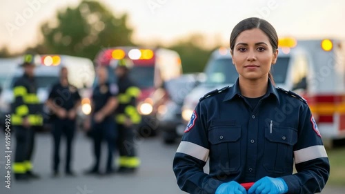 Portrait of a confident female paramedic in uniform standing outdoors with her emergency response team and ambulances in the background.