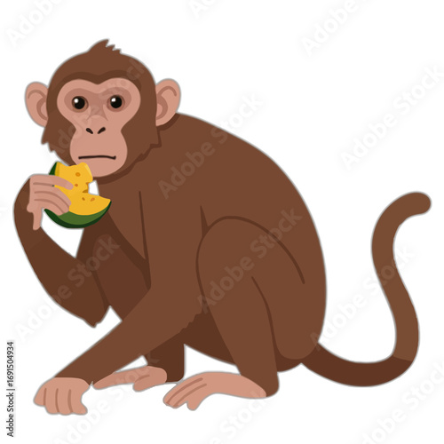 A curious monkey eating fruit, illustrated in vibrant colors, evoking a sense of playful innocence and the wild