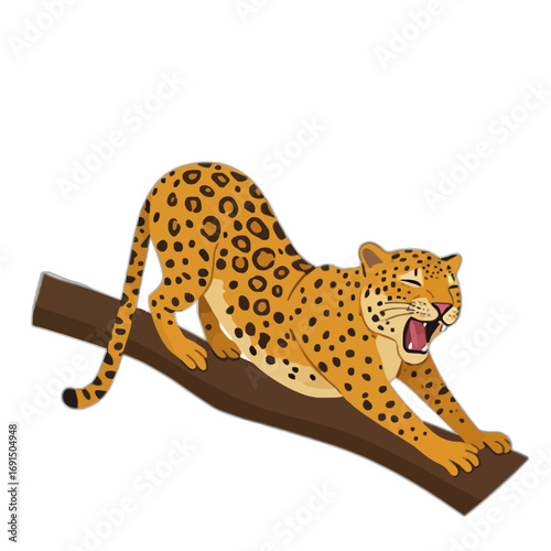 A cartoon illustration of a yawning leopard stretching on a tree branch