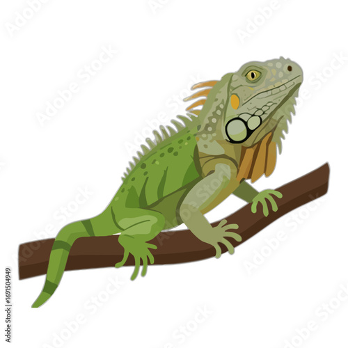 A vibrant green iguana perched on a branch, showcasing intricate details and vivid color. The reptile's scales and distinctive features come alive in this digital depiction.