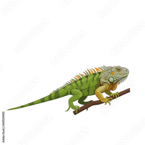 A detailed illustration of a vibrant iguana perched on a branch. The iguana is colored with greens, oranges and light tan and it sits with great attention to detail