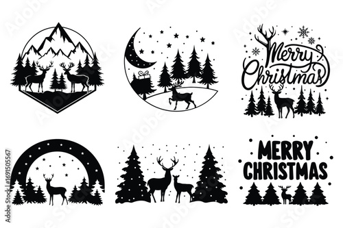 Black silhouette shows deer with mountains and trees alongside wintery holiday sayings on white