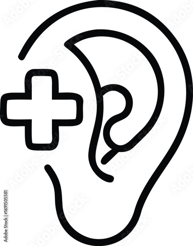 Ear and medical cross sign outline icon for healthcare design