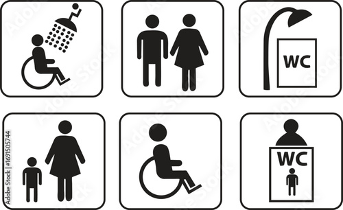 Set of Six Black and White Icons for Public Facilities and Accessibility symbol facility