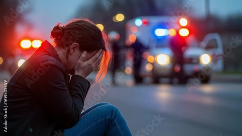Distressed woman crying at an accident scene. Grieving female victim sits in despair with ambulance and police lights in the background.
