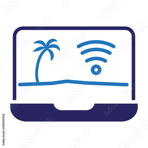 Vector illustration of a laptop screen with a tropical beach and Wi-Fi signal, symbolizing remote work and the digital nomad lifestyle