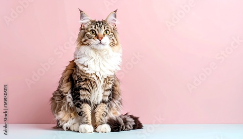 beautiful grey white tabby cat sitting pink background