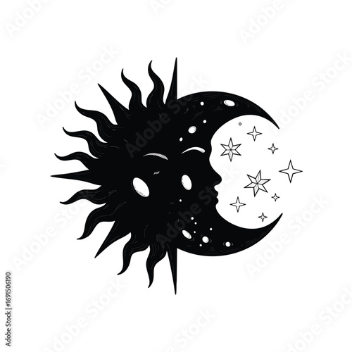 Black silhouette of a sun and crescent moon with human faces and stars.