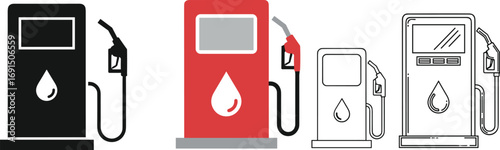 Fuel pump icon set, gas station illustration, oil droplet symbol, nozzle design, energy concept, vector graphic, automotive fuel equipment