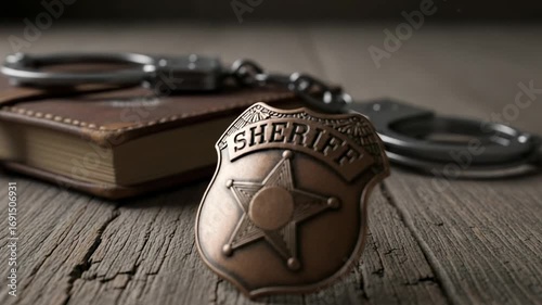 Vintage sheriff star badge with handcuffs and a law book on an old wood table. Law enforcement and justice concept.