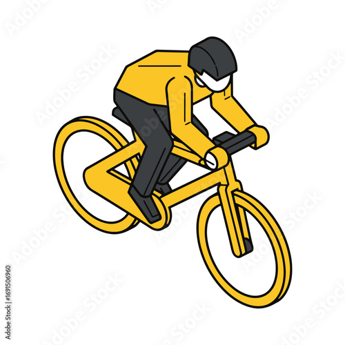 Cyclist rides yellow bike, isometric vector design