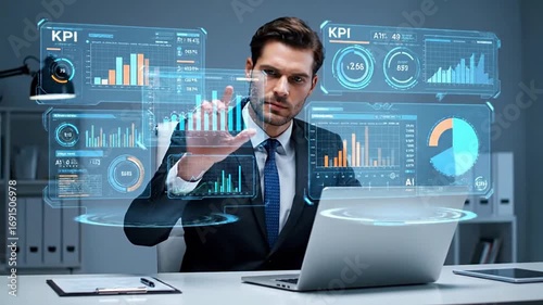 Business professional using KPI dashboard with AI-powered performance analytics, sales growth data, and risk indicators to drive financial strategy and operational optimization in corporate setting