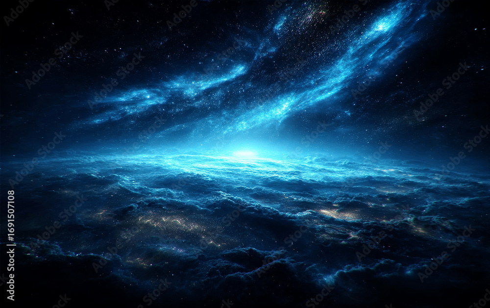 Fototapeta premium Vibrant cosmic view with glowing lights and starry sky