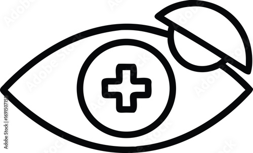 Eye with a plus symbol and contact lens in simple outline style