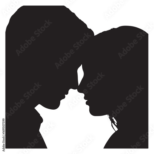 Silhouette of a couple's faces touching foreheads love