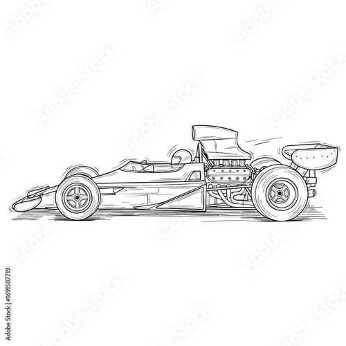 Handdrawn sketch of a vintage Formula 1 racing car in side profile view.