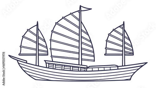 Dark Blue Line Drawing of a Traditional Chinese Junk Boat with Three Sails