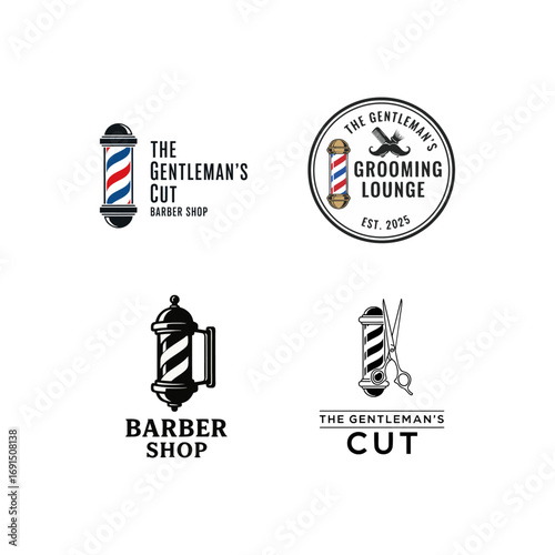 Collection of Barber Shop and Grooming Lounge Logo Designs Featuring Barber Poles, Scissors, Mustaches, and Text for Branding and Signage