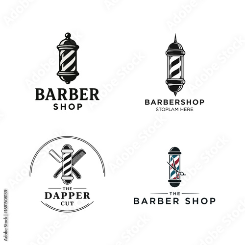 Vintage Barbershop Logo Designs Set with Classic Barber Pole, Straight Razor, Comb, and Scissors Icons