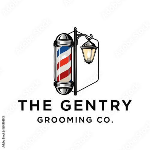 Classic Barber Pole and Vintage Street Lamp Logo for Men's Grooming Company