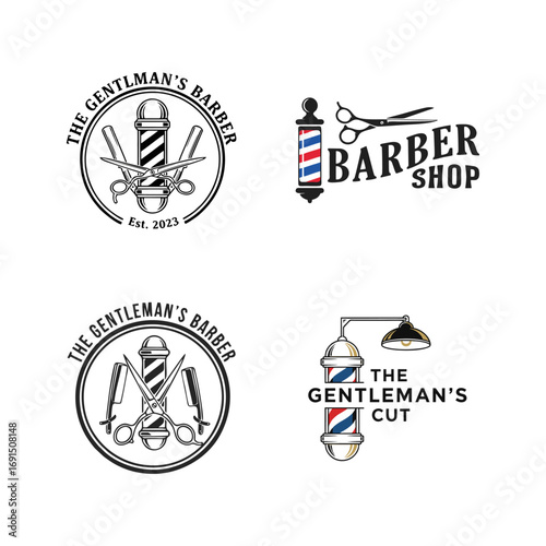 Barbershop Logo Collection: Classic Barber Pole, Scissors, and Razor Emblems for Gentleman's Grooming.