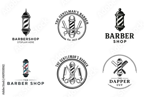 Barbershop Logo Designs Collection featuring Vintage Barber Poles, Scissors, Razors, and Combs ? Ideal for Male Grooming Salon Branding and Retro Emblems