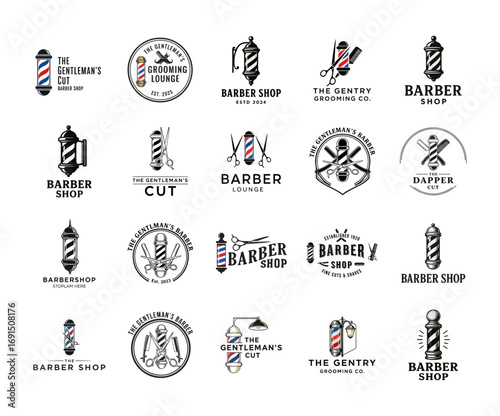 Barber Shop Logos Collection with Vintage and Modern Barber Poles, Grooming Tools, and Typography for Salon Branding