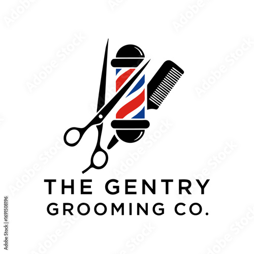 Barbershop Grooming Company Logo with Classic Barber Pole, Hair Scissors, and Comb